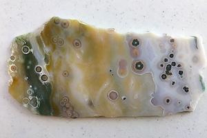Semi-translucent slab with mixed spherulites, including 'flower orbs', ~5.5in wide, Front. Cut by Owyhee Gemstones, Idaho.