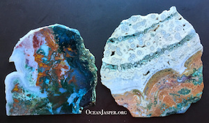 Two large rare-type Ocean Jasper slabs, left from SilverHill Lapidary, ~9in wide, right from ORCA, ~11in wide